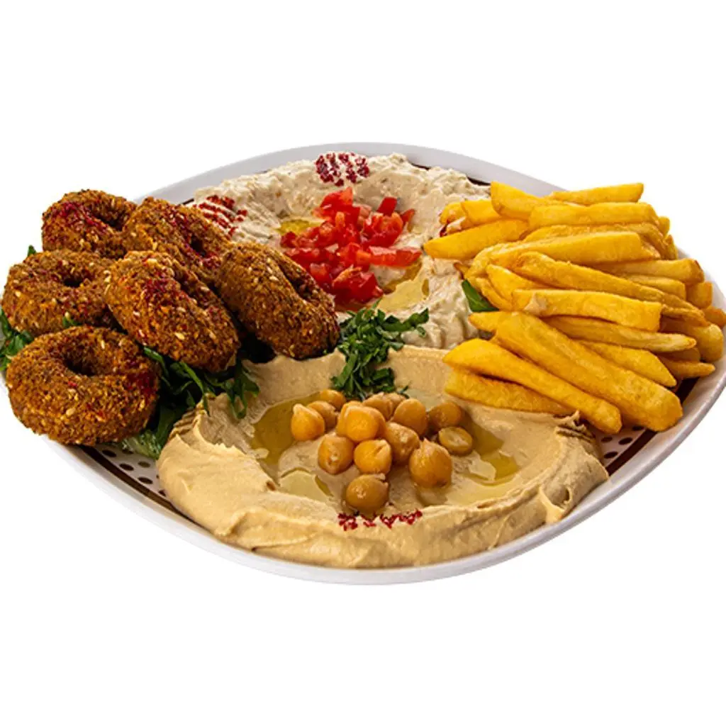 Mixed Hummus Plate with Potatoes and Falafel